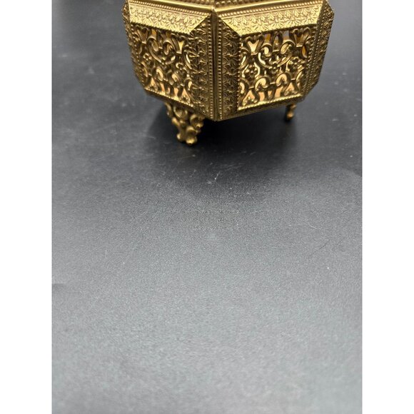 Vintage Ornate Brass & Glass Hexagon Jewelry Box with Filigree Detailing - Picture 3 of 10